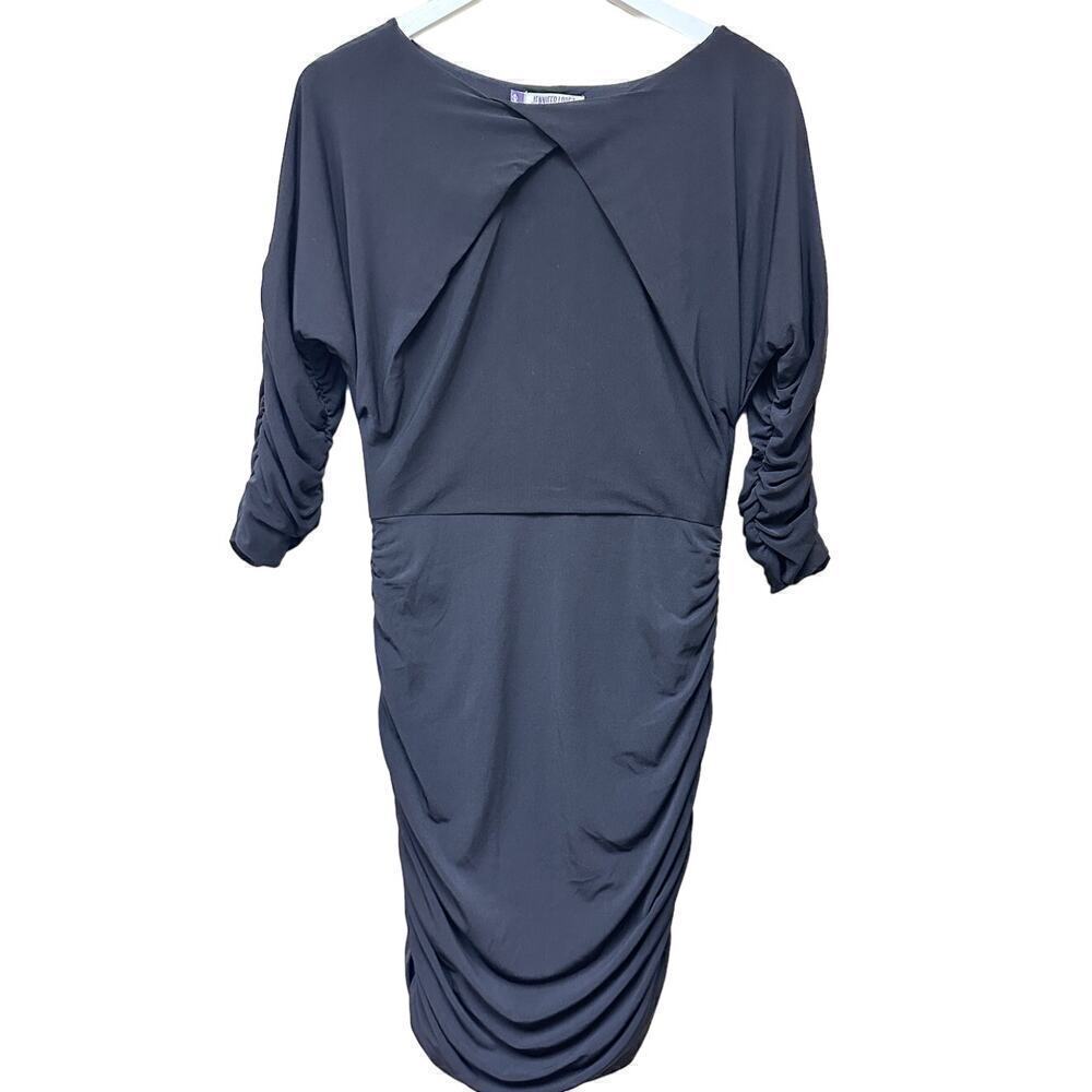 Jennifer Lopez Black Ruched 3/4 Sleeves Pullover Above Knee Bodycon Dress Size S